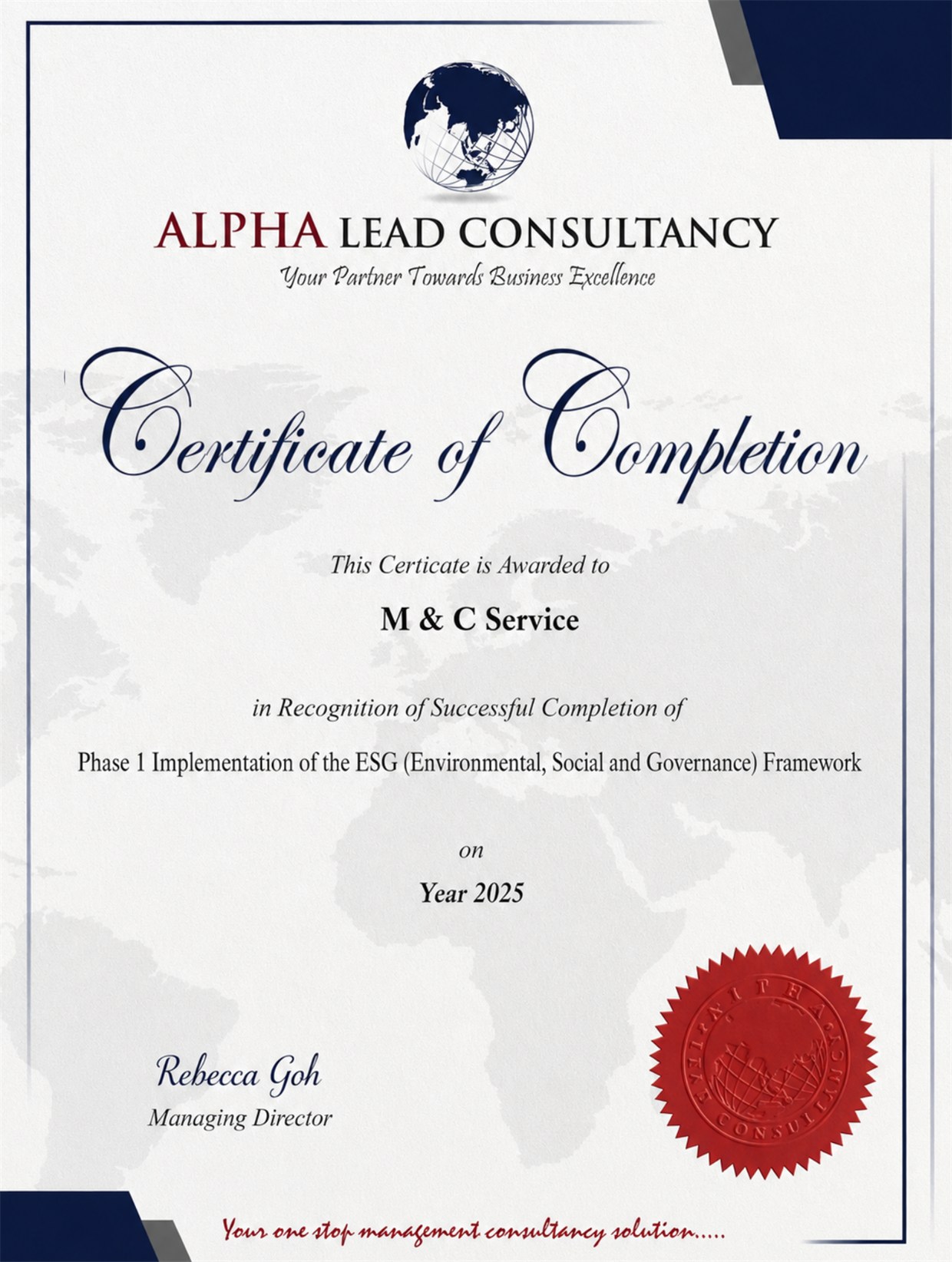 Certificate of Completion — M&C Service, Phase 1 ESG Framework, issued by Alpha Lead Consultancy (2025)